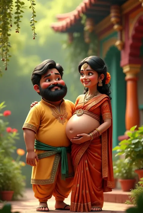 Indian chubby and bearded boy with slim pregnant indian girl with indian traditional attire