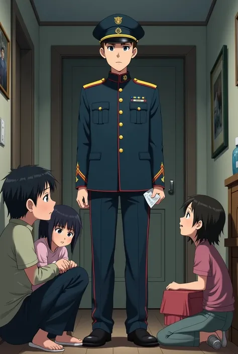 A soldier giving bad news to a family in anime version 