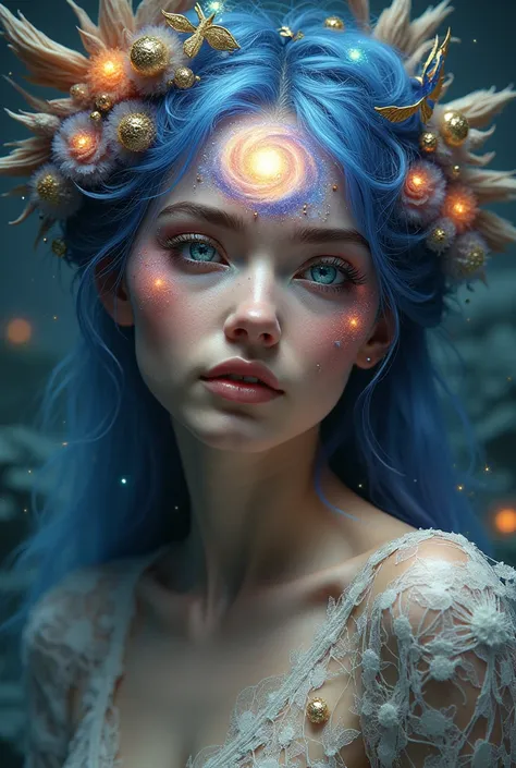 Beautiful woman with galaxy in her eyes and on her forehead with mystical animals around her