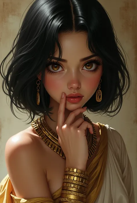  girl 
 white skin girl 
Short straight black hair 
Brown eyes 
Serious and indifferent look 
Wearing ancient Egyptian clothes
Gold bracelets
 