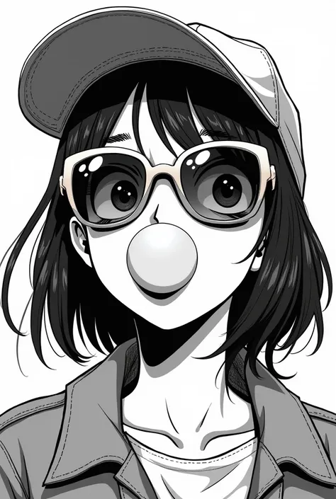 Retro manga art style, girls face, wears sunglasses, wears cap, gum bubble, black and white, colorless, looking up, camera in front