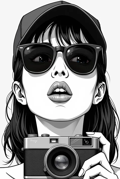 Retro manga art style, womans face, wears sunglasses, wears cap, gum bubble, black and white, colorless, looking up, camera in front