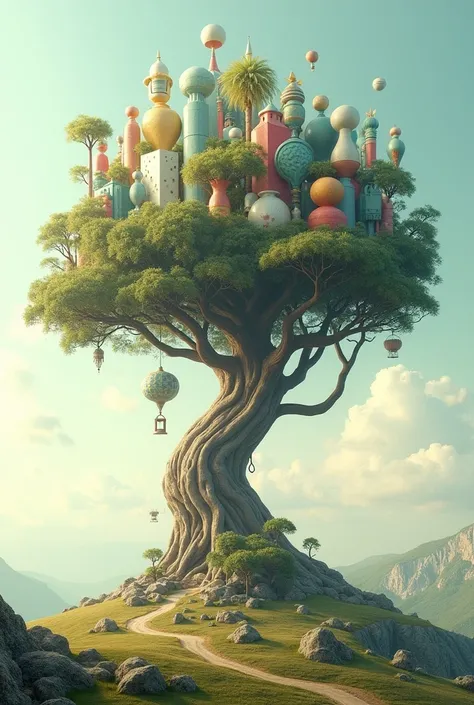 An image of a tree with shapes of art objects 