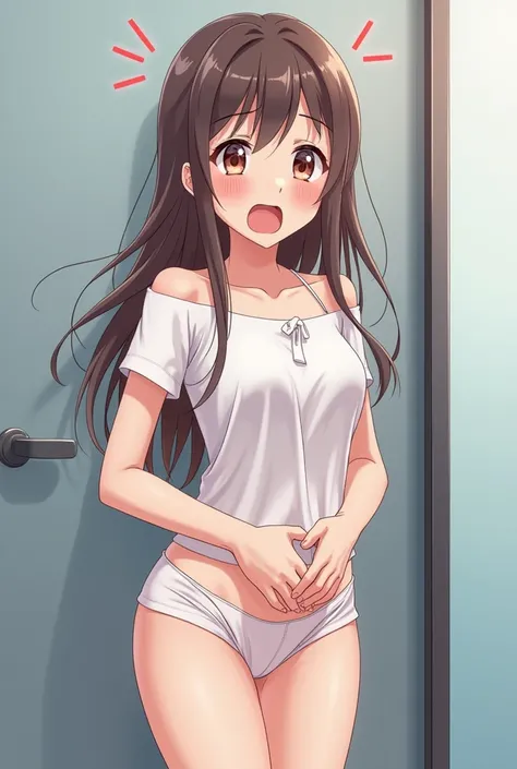 An anime girl that has to pee very badly she iswearing tight short shorts. She has a worried/pained expression and she is clutching her crotch with her hands 