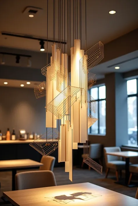 "Design a kinetic sculpture for a café located in a clothing brand store. The room dimensions are 14 feet by 18 feet, with a ceiling height of 18 feet. The sculpture should hang from the ceiling and feature rotating or swaying geometric shapes made from wi...