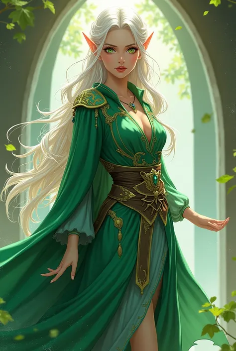 Arwen is an elf of ethereal beauty, with deep green eyes and originally blond hair that turns silvery white after using magic. Her pale skin has a slight glow, and she has a graceful and proud bearing. Dressed in an emerald green robe adorned with gold det...