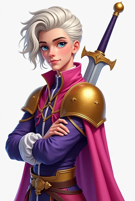 Imagem do filho da Darling Charming e da Holly OHair de Ever After High: A teenage boy, with almost white blonde hair with light blue highlights, navy blue eyes, skin fair, pink and purple outfit with golden armor and a silver sword on the back