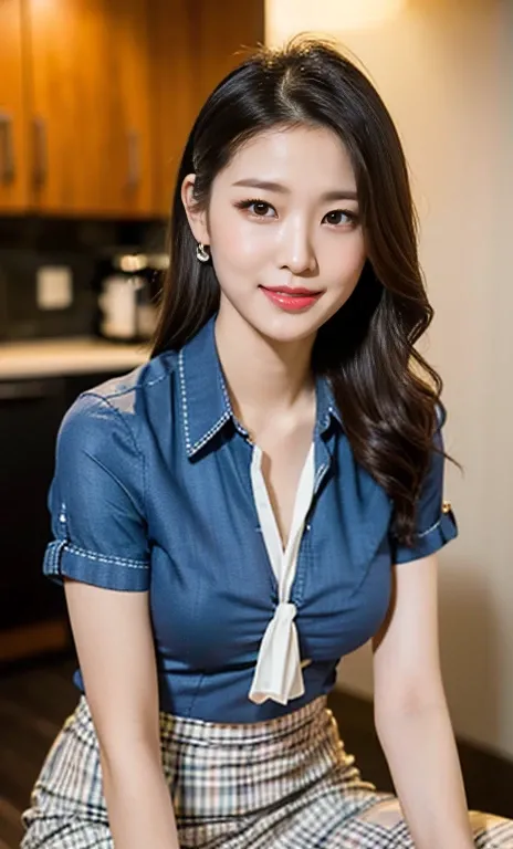 (A stunning Korean lady at night, kitchen, wearing a white short-sleeve blouse, plaid tie, plaid skirt, youthful charms, smooth complexion, beautiful detailed face, beautiful detailed eyes and lips, long eyelashes, slender figure, perfect body proportion, ...