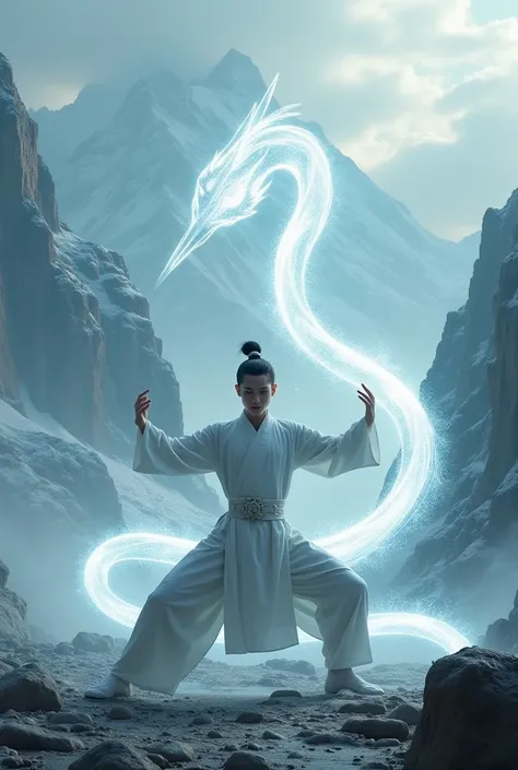 Kung-Fu Master, in the magical mountains of China practicing his training of the Snake position; behind him the silhouette of a crane formed by the masters Chi; masterpiece; UHD