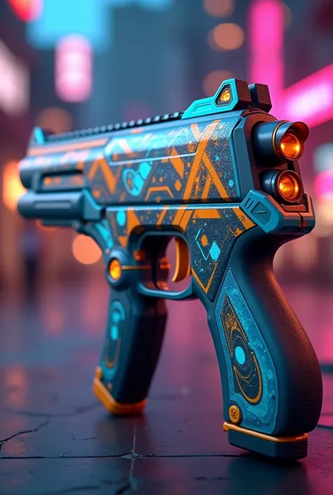 A shotgun with orange and light blue designs, as a video game mode 