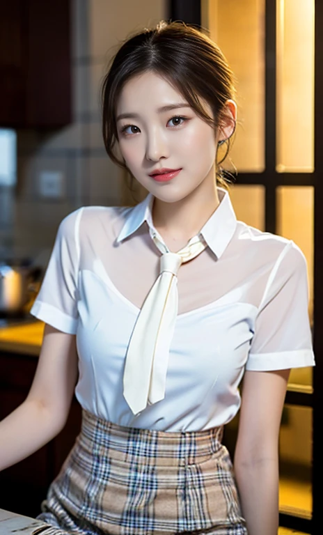 (A stunning Korean lady at night, kitchen, wearing a white short-sleeve blouse, plaid tie, plaid skirt, youthful charms, smooth complexion, beautiful detailed face, beautiful detailed eyes and lips, long eyelashes, slender figure, perfect body proportion, ...