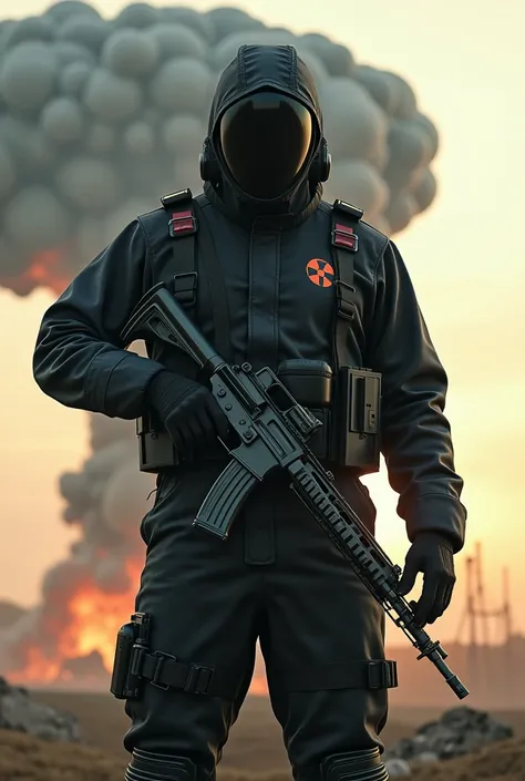 Man in radioactive suit and a nuclear bomb behind him he has a ar 15 and his suit is black