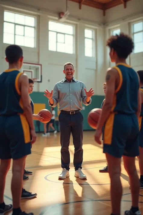 Create a realistic drawing of a teacher teaching on a basketball court 