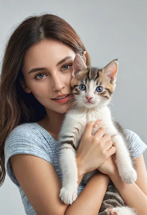 A woman holding a kitten, best quality, top quality, 8k, high resolution, ultra-detailed, extremely detailed, 