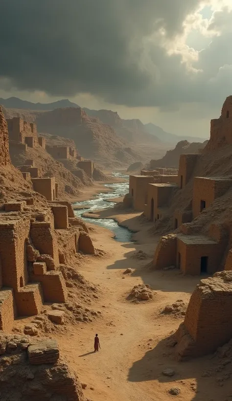 Indus Valley Civilization:
The ruins of Harappa, with a mud brick city partially buried by time. The presence of a dry river in the background and the heavy sky, suggesting an arid and mysterious environment.