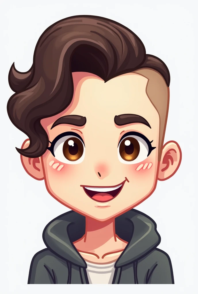 emoji for my twitch chat that is gamer and 8-bit themed, of a white person, dark brown hair, Wavy, The hairstyle should be from right to left, with the right parietal area completely shaved, with a confident look and smiling at the camera, Brown eyes, simp...