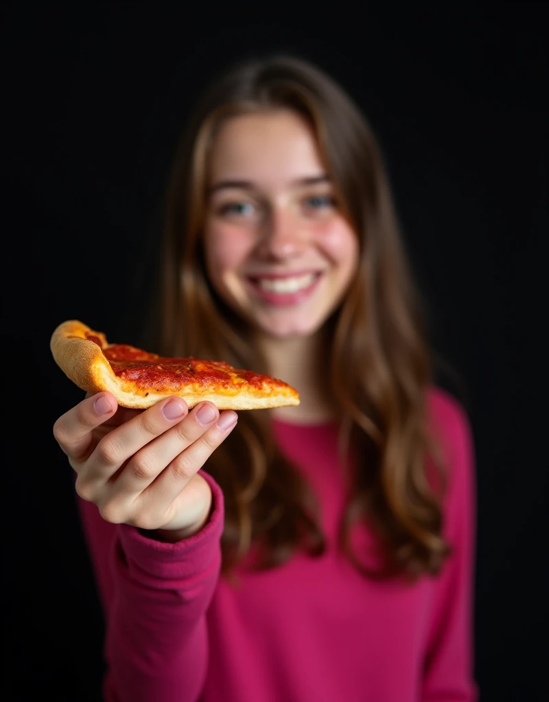 photo Just below the waist, a little to the side, Russian girl aged 18, joyful в малиновом топике, round face, hair long dark blond, holding a slice of pizza in his hand, joyful, professional photo, studio light, black background with backlight.
