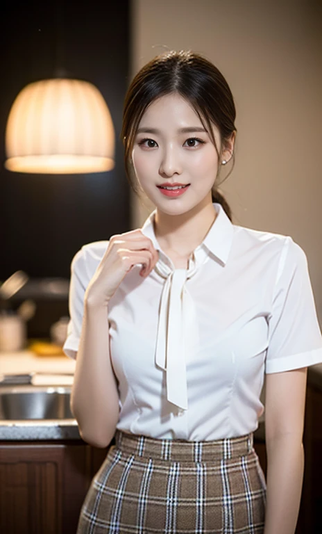 (a stunning korean lady at night, kitchen, wearing a white short-sleeve blouse, plaid tie, plaid skirt, youthful charms, smooth ...