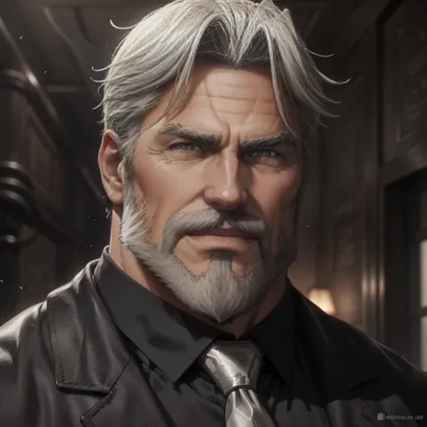 a muscular man, quiff hairstyle, gray hair, gray mustache, gray beard, venom symbiote, large white spider logo on symbiote, hand...