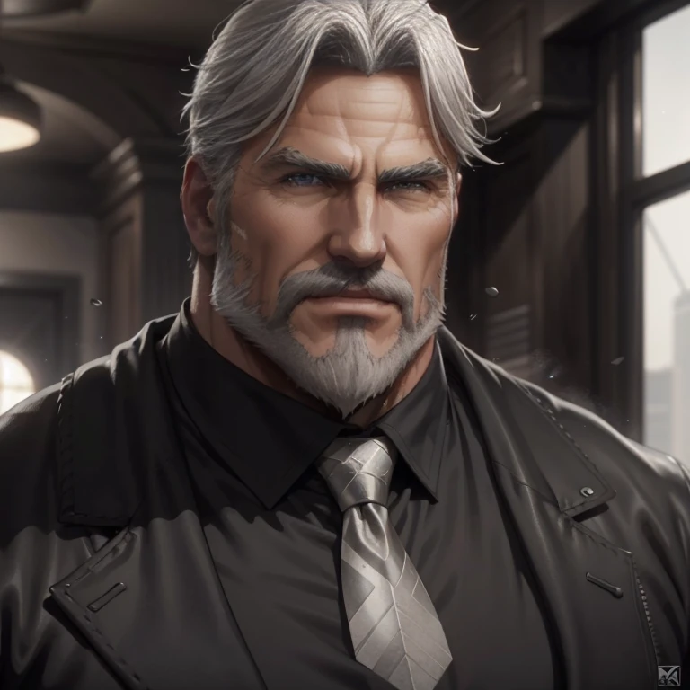 a muscular man, quiff hairstyle, gray hair, gray mustache, gray beard, venom symbiote, large white spider logo on symbiote, hand...