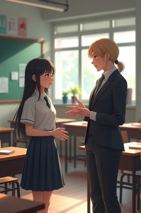 Girl talking to teacher in classroom 