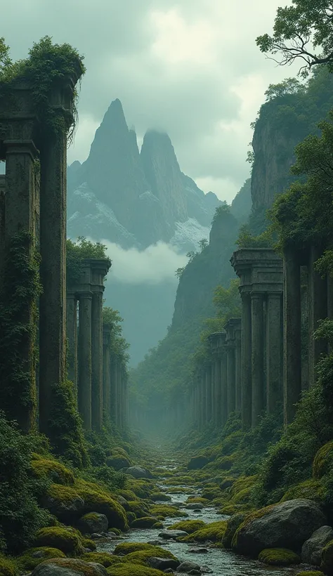 Mysterious disappearance:
An abstract scene showing an ancient city being slowly swallowed by nature, with trees growing between ruins and mountains in the distance, as dark clouds gather on the horizon, symbolizing uncertainty and change.