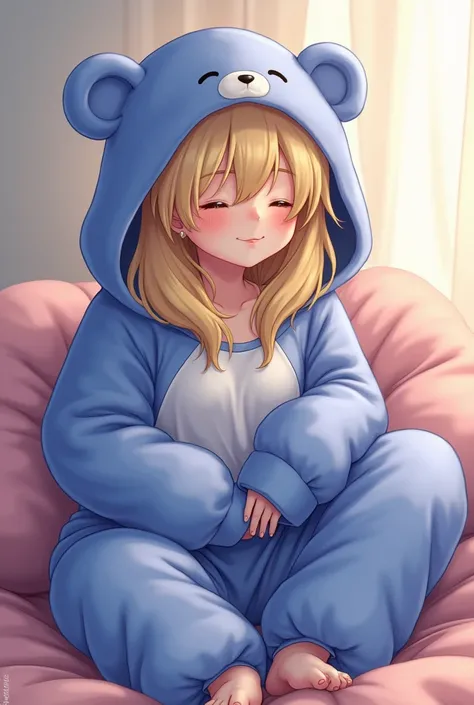 Woman blonde hair very thick so round and in a soft bear pajama like a blueberry inside 