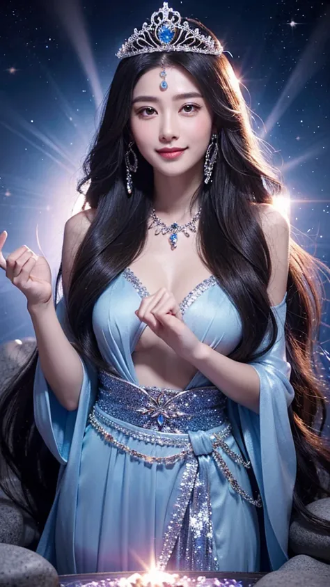 goddess　fortune teller　long hair　Smiling　True Face　Hold the stone in both hands　Sparkling　Fantasy　Looking at me　Wearing a tiara　universe　mysterious