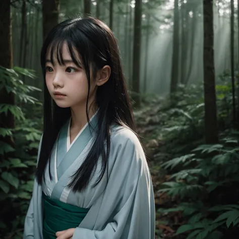 A girl of about  standing in a dark forest。She is wearing a traditional Japanese kimono.、Long black hair hanging down to her shoulders。The girl covers her face with her hands、It creates an eerie atmosphere。The forest is shrouded in mist、wood々A faint light ...