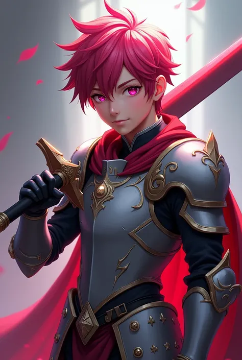  RPG style design. a boy from , with an athletic body, wearing knight armor. Her eyes are pink and her hair is the same color. Your skin is clear, with a little tan only. In his left hand he is holding a long sword, its handle is black and its blade is blo...