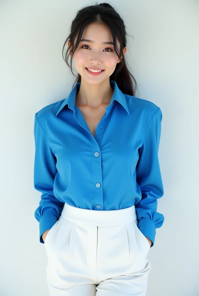 Stylish photography,facing forward,beautiful korean women,standing against the white wall,wearing a bright blue sexy office shirt,tight white shorts ,ideal shapely body,ideal solid chest,looking intently smiling sweetly,black hair tied in a ponytail,Realis...