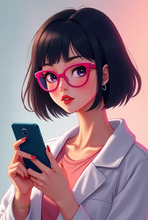 White woman with short black hair and pink glasses holding cell phone 