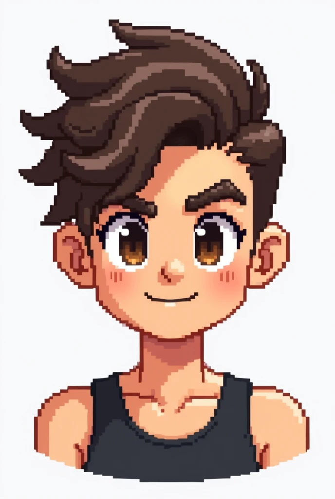 Emoji for my twitch chat that is gamer and 8-bit themed, of a white person, dark brown hair, Wavy, The hairstyle should be from right to left, with the right parietal area completely shaved, with a confident look and smiling at the camera, Brown eyes, simp...