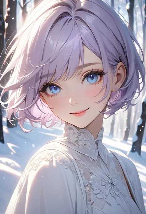 ((best quality)), ((Masterpiece)), (details), Young woman, alone, ( light purple hair, blue eyes, ((short hair)) , beautiful face, Beautiful skin, Long eyelashes, Thick eyelashes),white dress, Winter Forest, snow, smile, Diffuse light