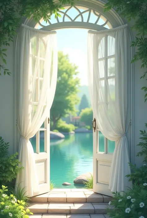 White voile curtains blowing in the breeze with double white doors opening onto a garden lake with stone steps