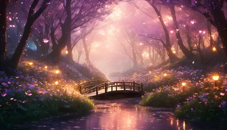 A magical forest illuminated by a warm, golden light that descends from above. The trees are tall and majestic, with leaves in shades of purple and pink that blend with the dark green foliage. on the floor, Tiny bright flowers and luminous mushrooms adorn ...