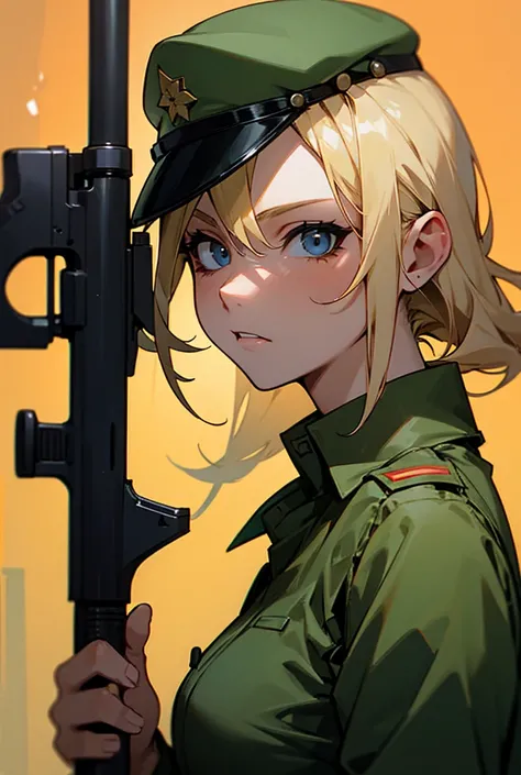 A blonde-haired female soldier, holding a rifle, wearing an Israeli military uniform, with a sadistic expression on her face.