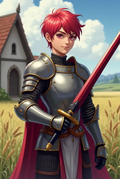 RPG style design. a boy from , with an athletic body, wearing knight armor. Her eyes are pink and her hair is the same color. Your skin is clear, with a little tan only. In his left hand he is holding a long sword, its handle is black and its blade is bloo...