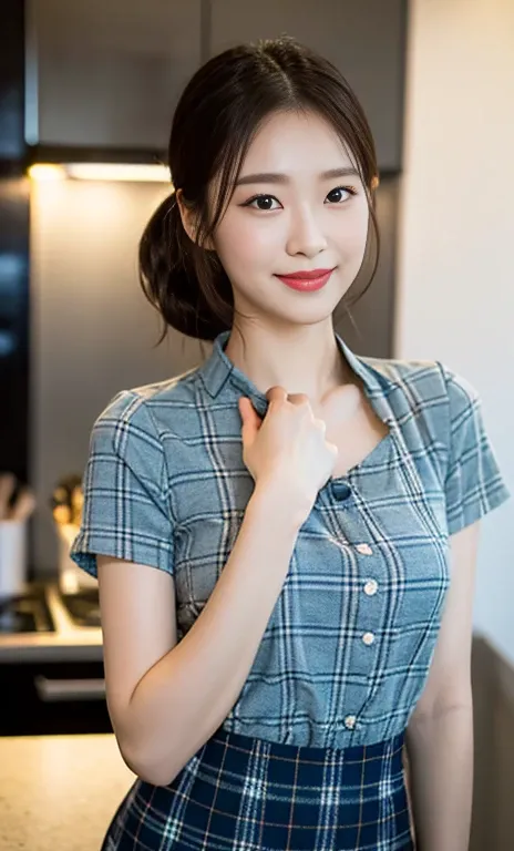 (A stunning Korean lady at night, kitchen, wearing a white short-sleeve blouse, plaid tie, plaid skirt, youthful charms, smooth complexion, beautiful detailed face, beautiful detailed eyes and lips, long eyelashes, slender figure, perfect body proportion, ...