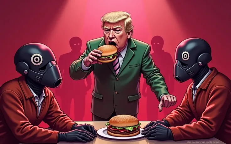 "Create an image with Donald Trump standing in the center, eating a burger in a humorous, exaggerated style. He is wearing a green tracksuit. On both sides of him, there are two Squid Game soldiers in red jumpsuits and black masks with the iconic circle an...