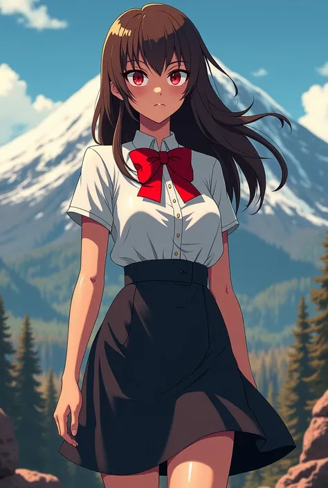 Alice the bully at mt rainer not erupting with a big caldera red eyes , tan skin, black skirt, white shirt, red bowtire on neck, brown , aanime