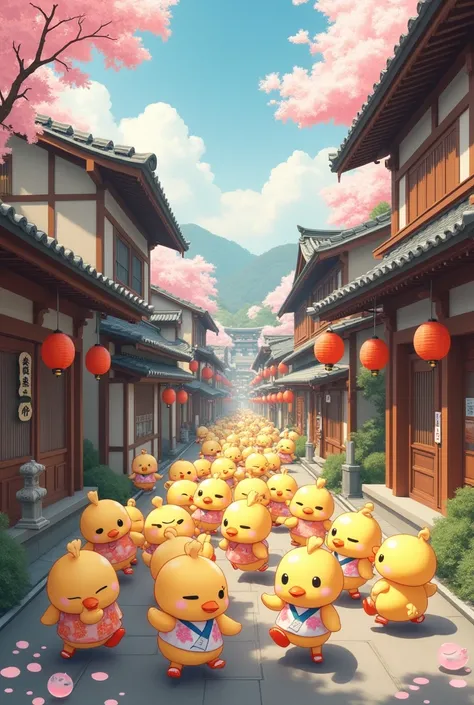 japan street full of little duck children 

