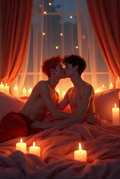 A very beautiful realistic DIXIT game style image showing 2 boys sitting on a red and white bed with romantic candles around the room, The boy on the left has red hair and is white,  and the one on the right very thin and a little dark about to kiss and hu...