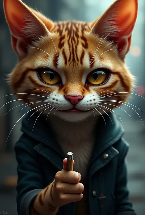 A cat holding a cigarette. Only the cat&#39;s face appears, and neither the cigarette nor its paw. The cat is laughing a lot, cara the gangster
