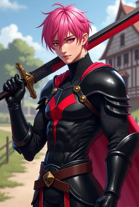 RPG style design. a 20 year old boy, with an athletic body, wearing knight armor. The color of the armor is black, with red details. Her eyes are pink and her hair is the same color. Your skin is clear, with a little tan only. In his left hand he is holdin...