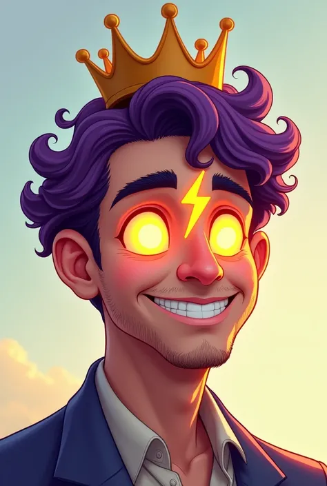 Generates a man in half. smiling with eyes that are a sun, He has a lightning bolt on his face, a crown, and short curly purple cartoon hair.