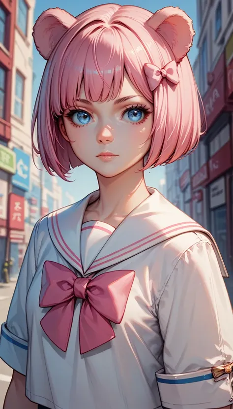 ski style, 1 girl, alone, pink hair, animal ears, blue eyes, alas, looking at the viewer, hits, short hair, bow, sailor collar, ...