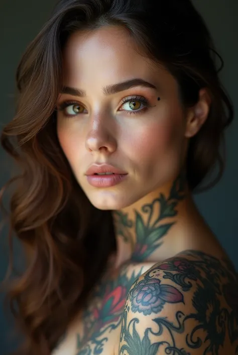 A beautiful tattooed brunette woman, face