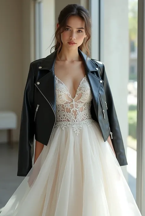 Femme cheveux attaché veste cuir robe de mariée 