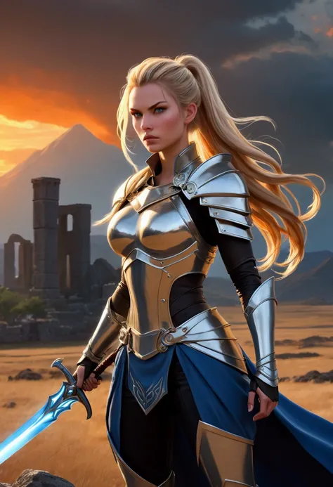 A female warrior stands in a dramatic, barren landscape, her intense gaze fixed forward. She has long, flowing blonde hair tied into a high ponytail that billows in the wind, adding a sense of movement to the scene. Her armor is sleek and form-fitting, pre...